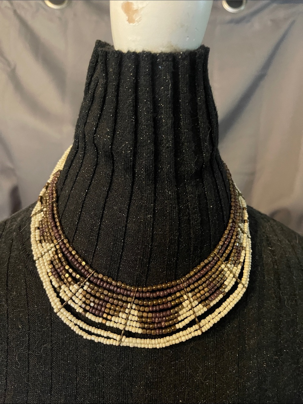 Handcrafted Multi-Strand Beaded Collar Necklace - Brown & Cream